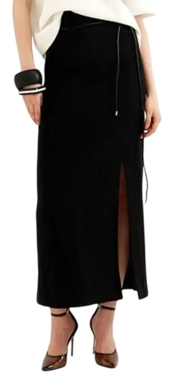 Le' AL.X Wool Blend Knit High Rise Belted Hem Pencil Maxi Black Wool Skirt Sz 2